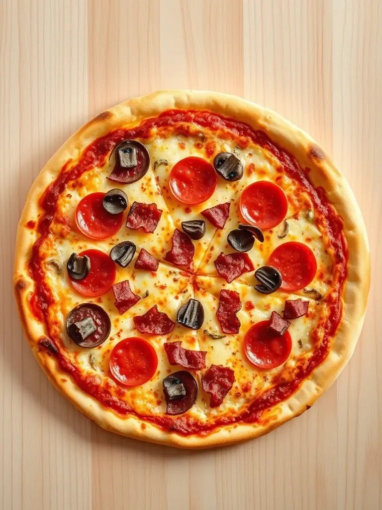 A vibrant, overhead shot of a 'Triple Crown' pizza from Pizza 73, showcasing its pepperoni, mushroom, and bacon toppings on a golden-brown crust, set against a dark background to emphasize the colors and textures.