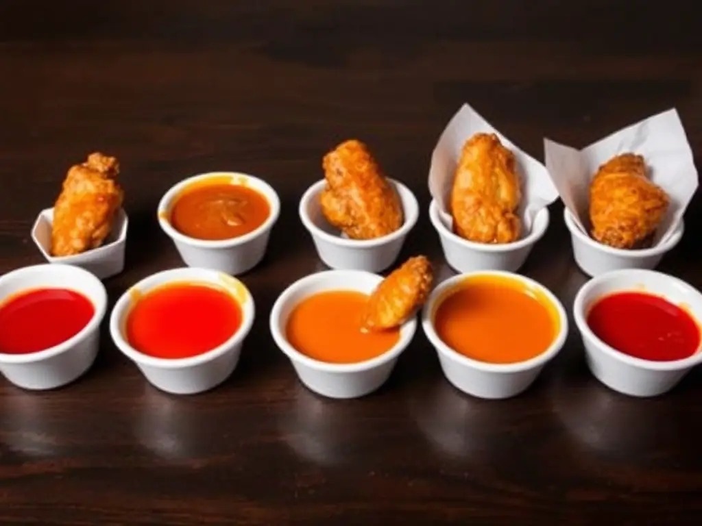 A vibrant image showcasing a variety of Pizza 73's wing sauces, from mild to spicy, with wings partially dipped in each sauce.