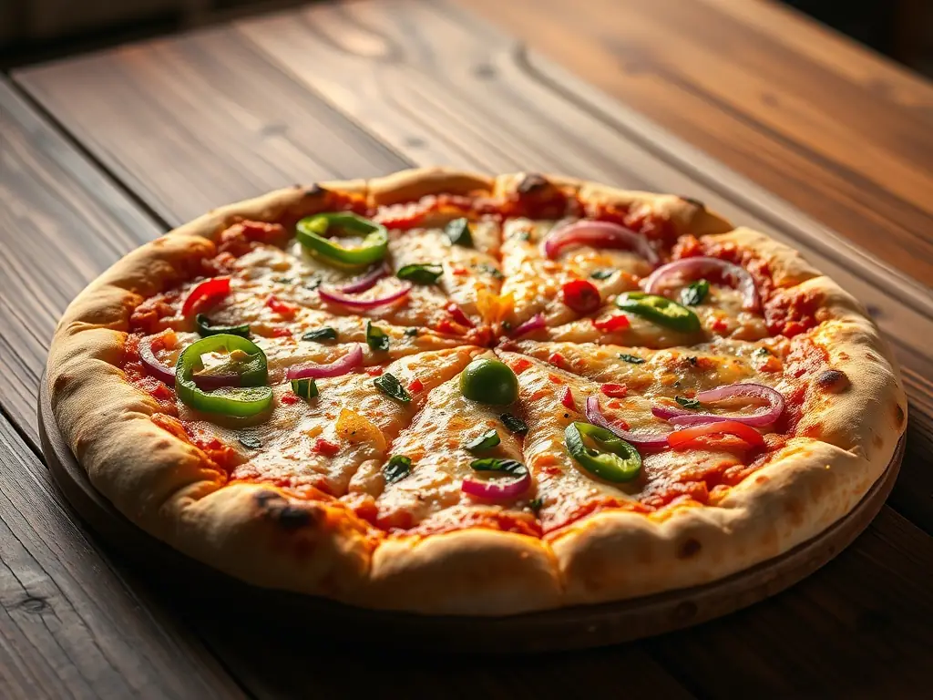 A close-up shot of a Pizza 73 Signature Pizza, showcasing the melted cheese, fresh toppings, and perfectly baked crust. The pizza is presented on a wooden board with a pizza cutter nearby, ready to be served.