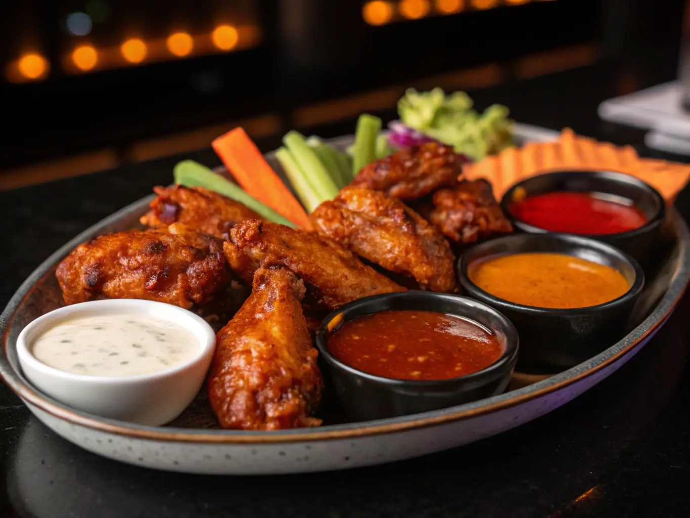 A vibrant image of Pizza 73's Crispy Wings, featuring a variety of dipping sauces and a close-up of the crispy texture. The wings are arranged on a plate with a side of celery and carrots.