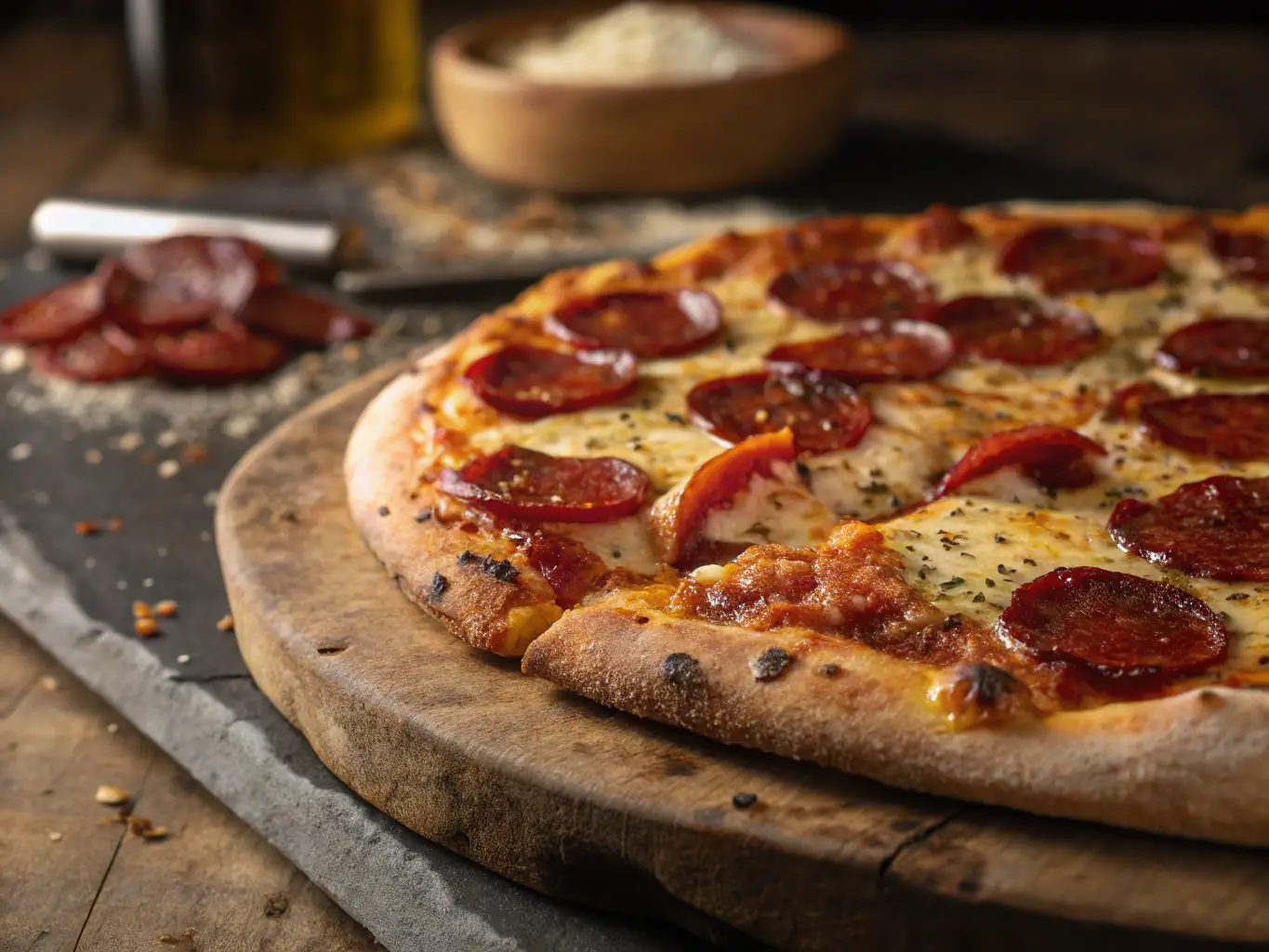 A golden-brown Pizza 73 Panzerotti filled with cheese and toppings, served with marinara sauce. The image highlights the melted cheese and the crispy, baked exterior of the panzerotti.
