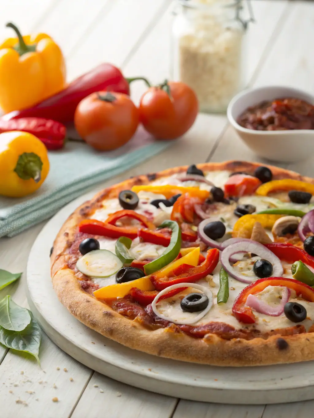 A visually appealing image of a 'Veggie' pizza from Pizza 73, featuring a colorful assortment of fresh vegetables like bell peppers, onions, tomatoes, and olives, arranged artfully on a bed of melted cheese.