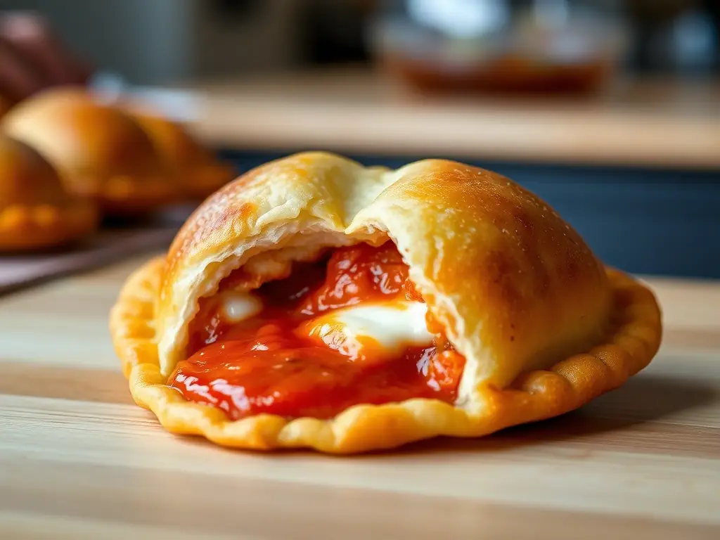 A golden-brown Pizza 73 panzerotti filled with cheese and toppings, served with a side of marinara sauce for dipping.