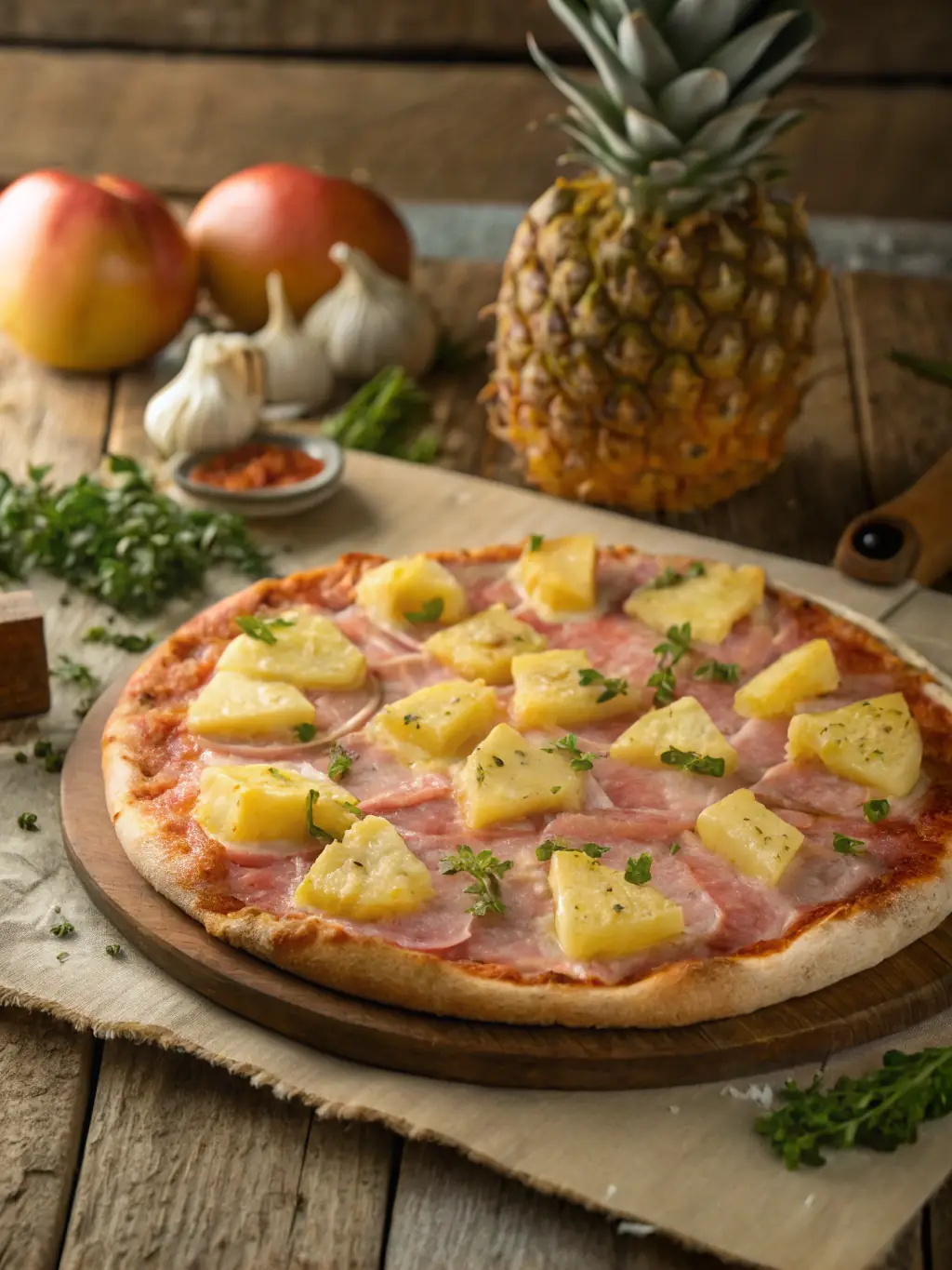 A close-up image of a 'Hawaiian' pizza from Pizza 73, highlighting the juicy pineapple chunks, savory ham, and melted mozzarella cheese on a crispy crust, presented in a warm, inviting light.