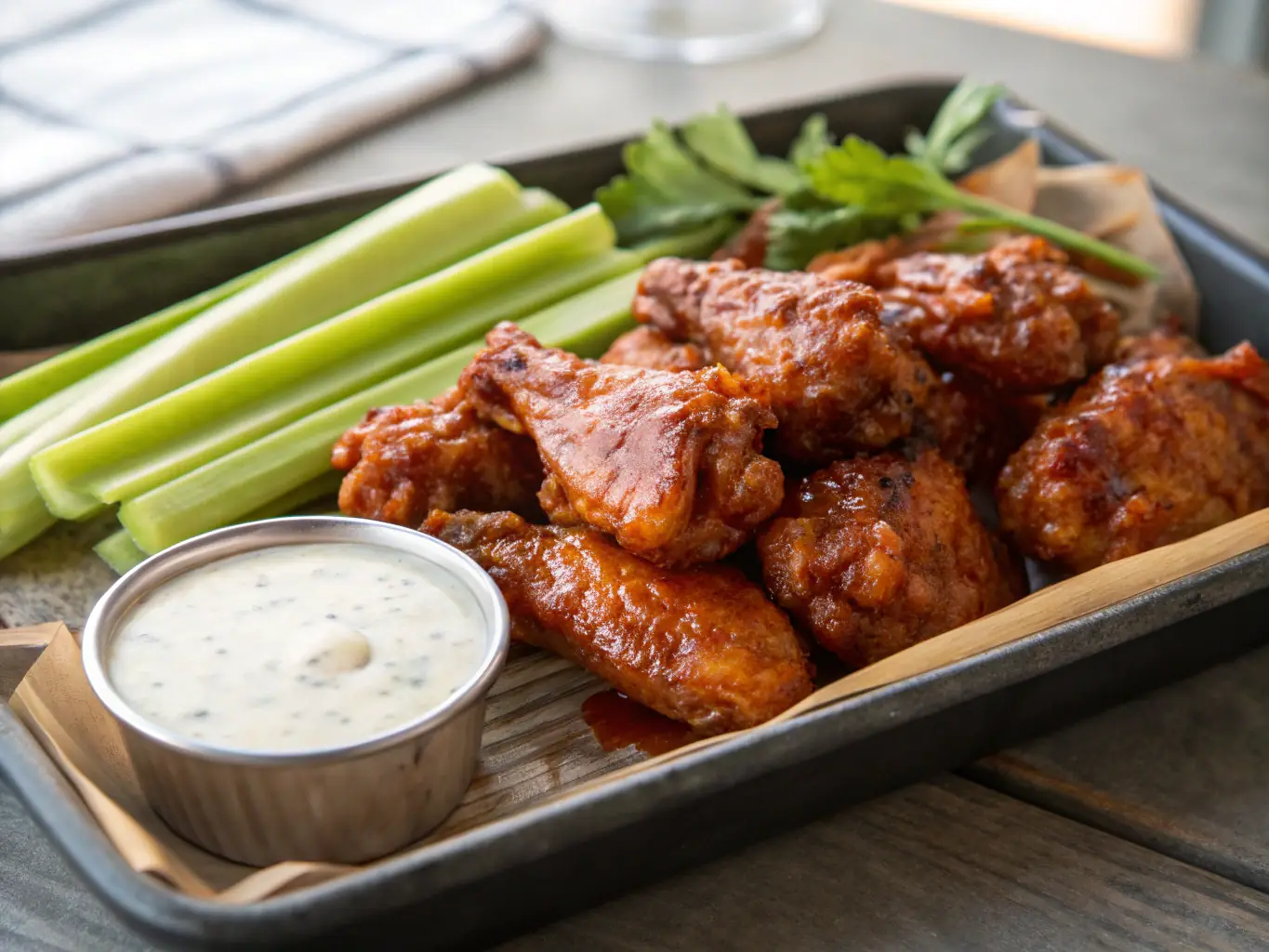 A close-up shot of Pizza 73's crispy chicken wings, showcasing their golden-brown color and flavorful sauce, arranged on a plate with a side of dipping sauce.