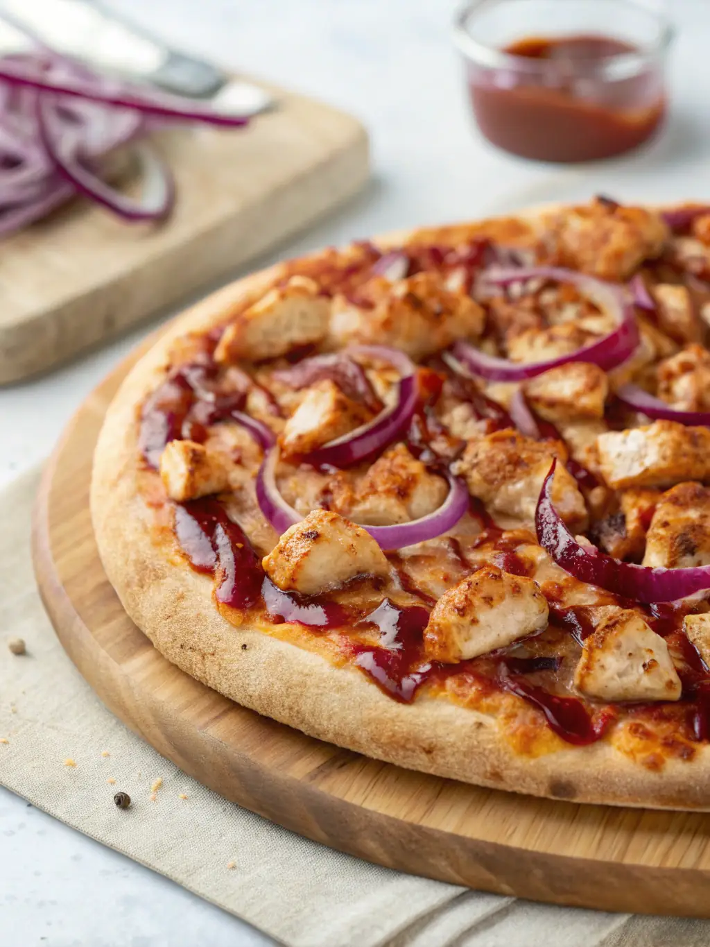 A tempting image of a 'BBQ Chicken' pizza from Pizza 73, showcasing the tender chicken pieces, tangy BBQ sauce, red onions, and cilantro sprigs on a perfectly baked crust, with a slightly smoky effect.